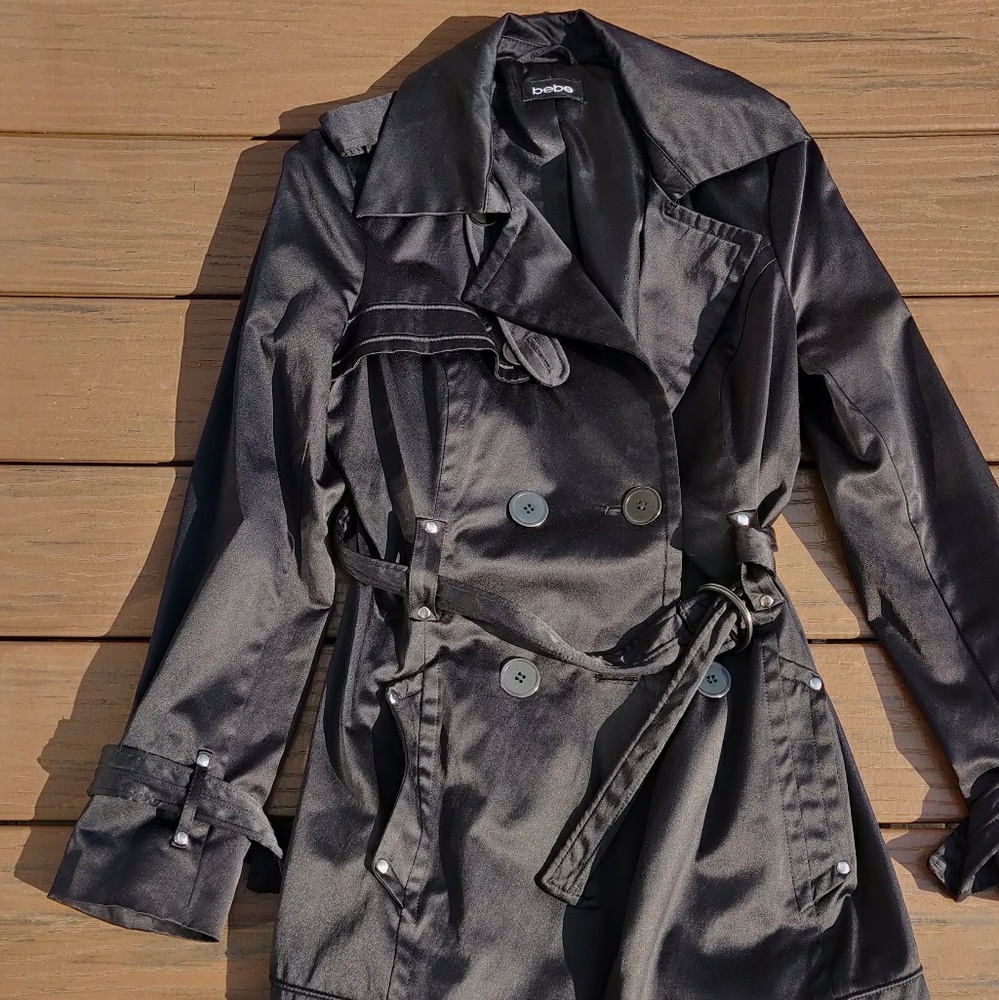 Bebe black satin trench dress coat. sz. Small